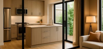 Sliding doors between the kitchen and the showroom